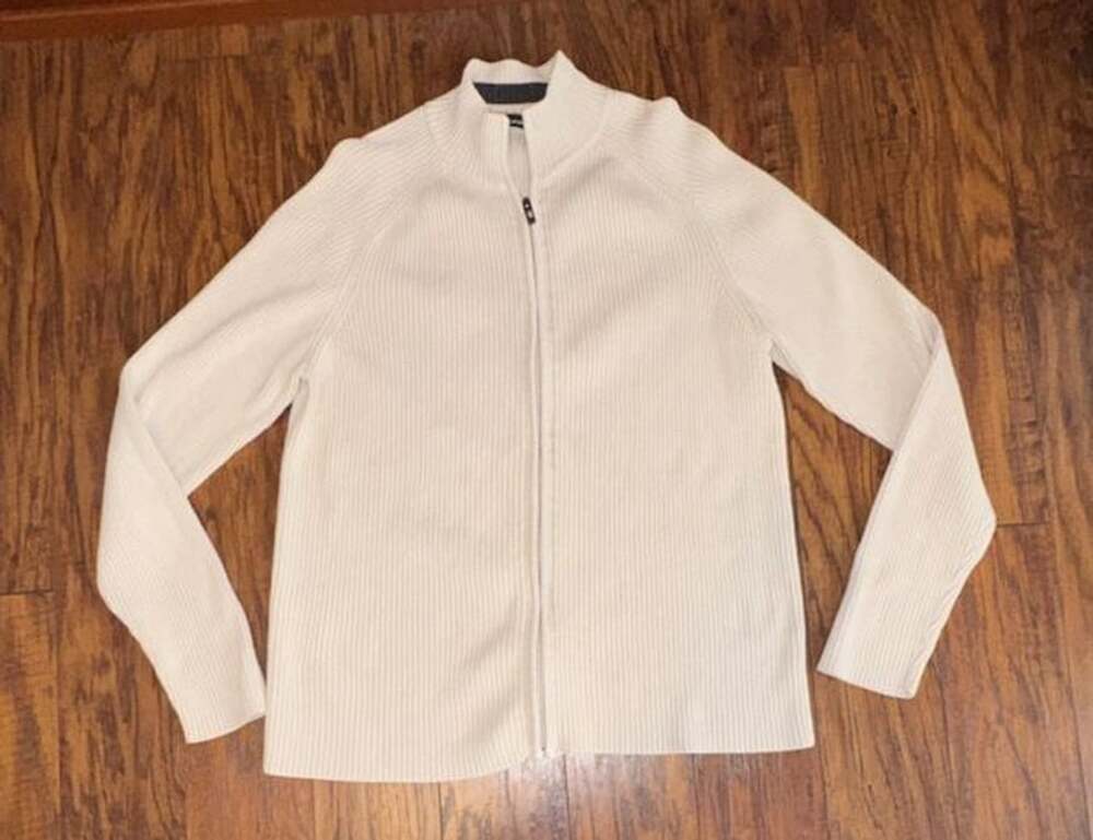 DKNY Jeans Full Zip Rib Knit Sweater Size L Off White